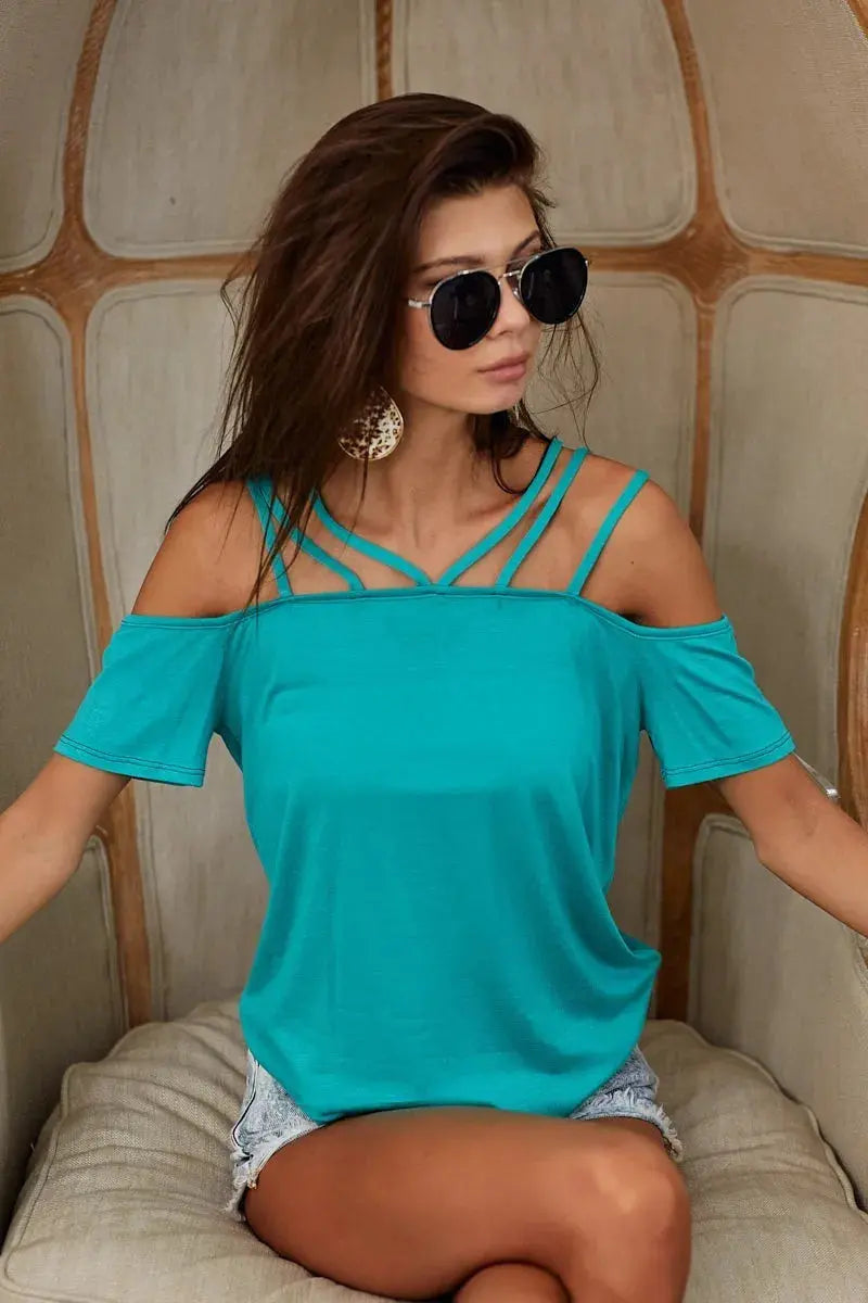 Women's Casual Top Rayon Top - Soft Lace-Up Shoulder - Casual Tee