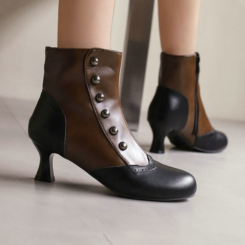 Color-block Block-heeled Ankle Boots With Side Zippers