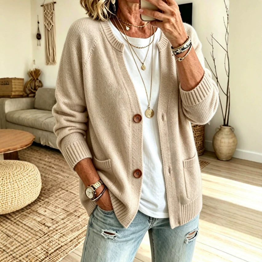 European And American-style Knitted Cardigan Sweater With A Stand-up Collar