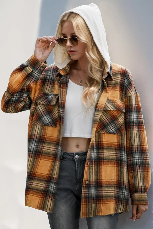Chaqueta de cuadros con capucha, mangas largas y cordón ajustable Double Take