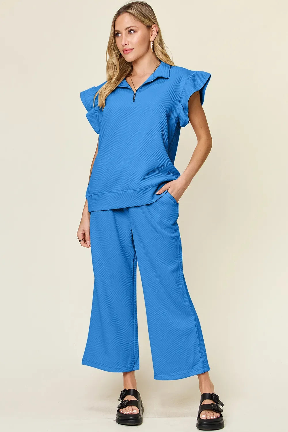 Texture Ruffle Short Sleeve Top and Drawstring Wide Leg Pants Set