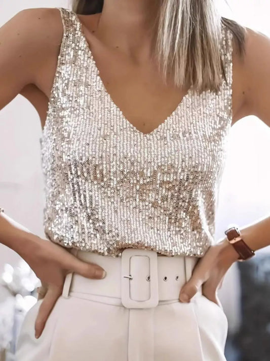 Top de tirantes con cuello de pico y lentejuelas