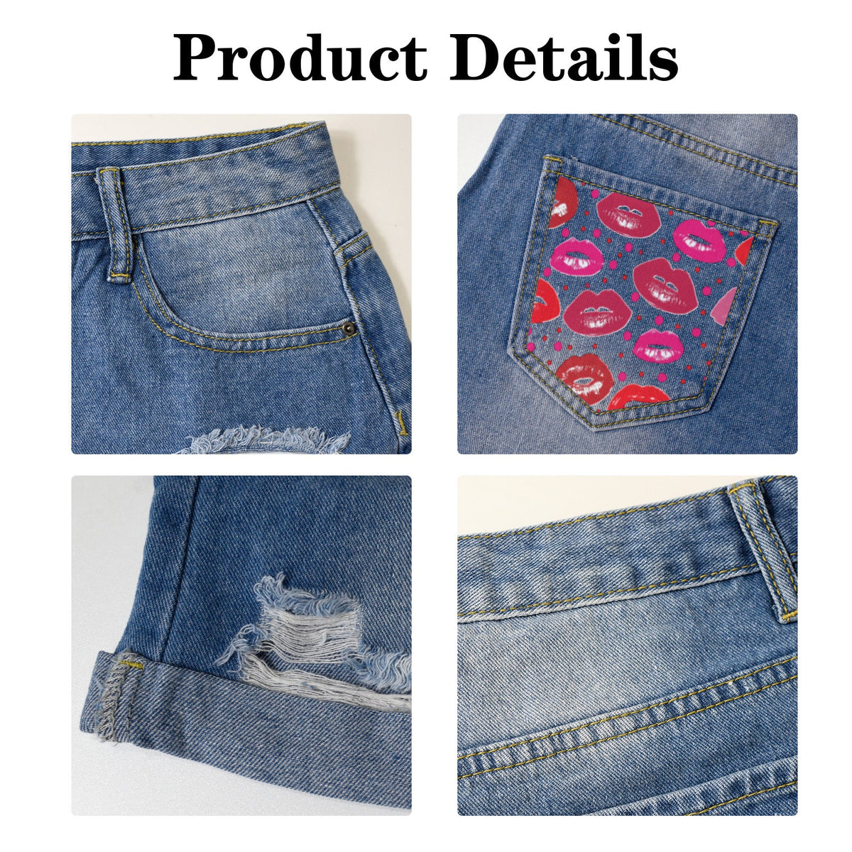 Glossy Red Lips Light Blue Denim Shorts with Dual Pockets Design