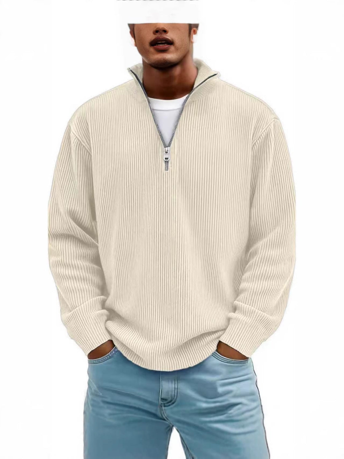 New Autumn And Winter Men's Casual Stand-Up Collar Zipper Corduroy Long-Sleeved Men's Polo Shirt Sweatshirt Autumn Sweatshirt
