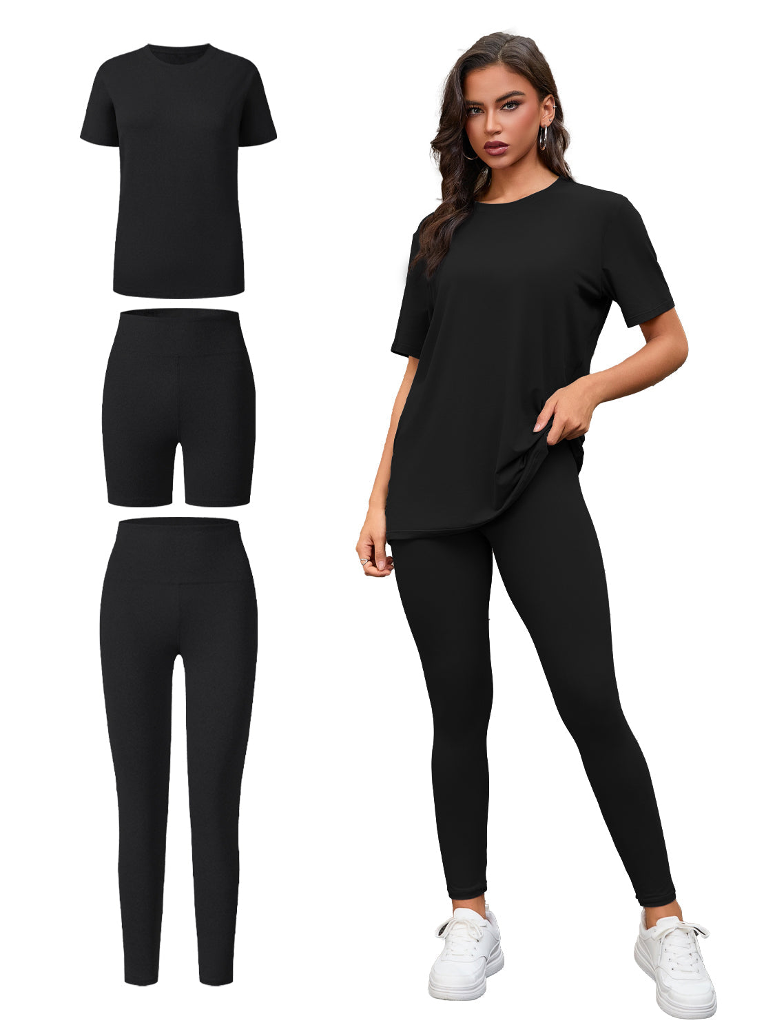 Conjunto de Tres Piezas, Top de Manga Corta de Cuello Redondo y Conjunto de Pantalones Cortos y Largos, Ropa Deportiva e Informal. Consulte la tabla de tallas en "más detalles"