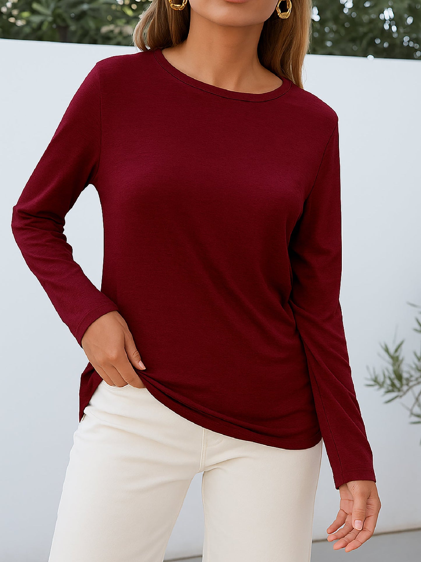 Camiseta de manga larga con cuello redondo, elástica y transpirable para mujer -