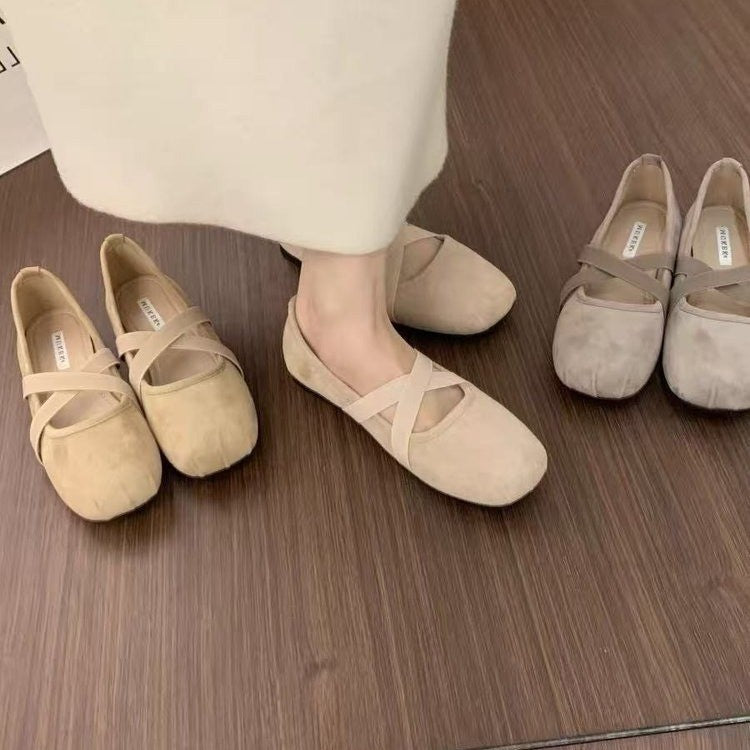 Women Gentle Style Criss Cross Elastic Strap Ballet Flats, Matte Suede Square Wrinkled Toe Soft Sole Daily Commute Mary Jane Slip On Shoes