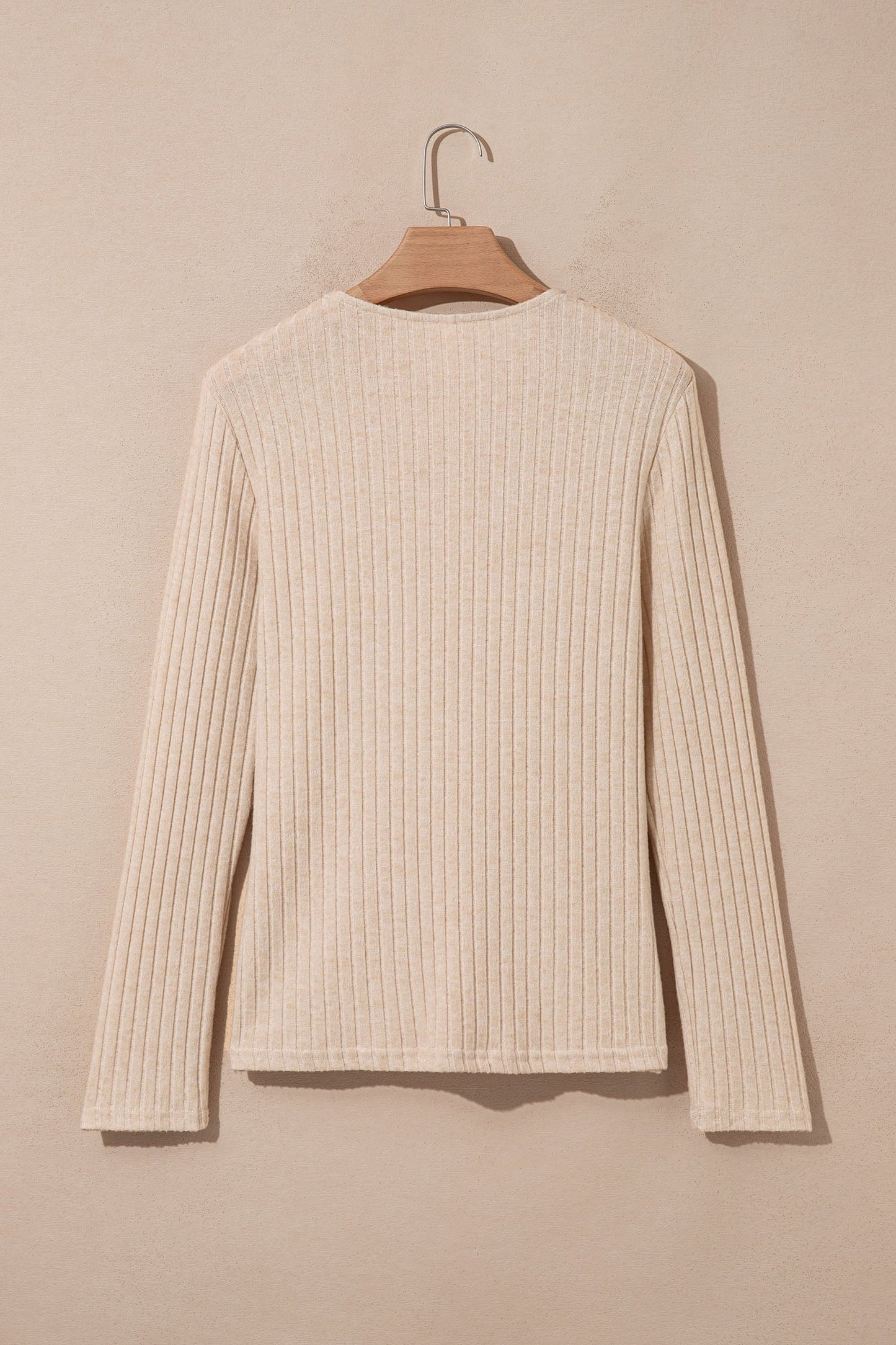 Apricot Solid Color Ribbed Knit Cowl Neck Long Sleeve Top