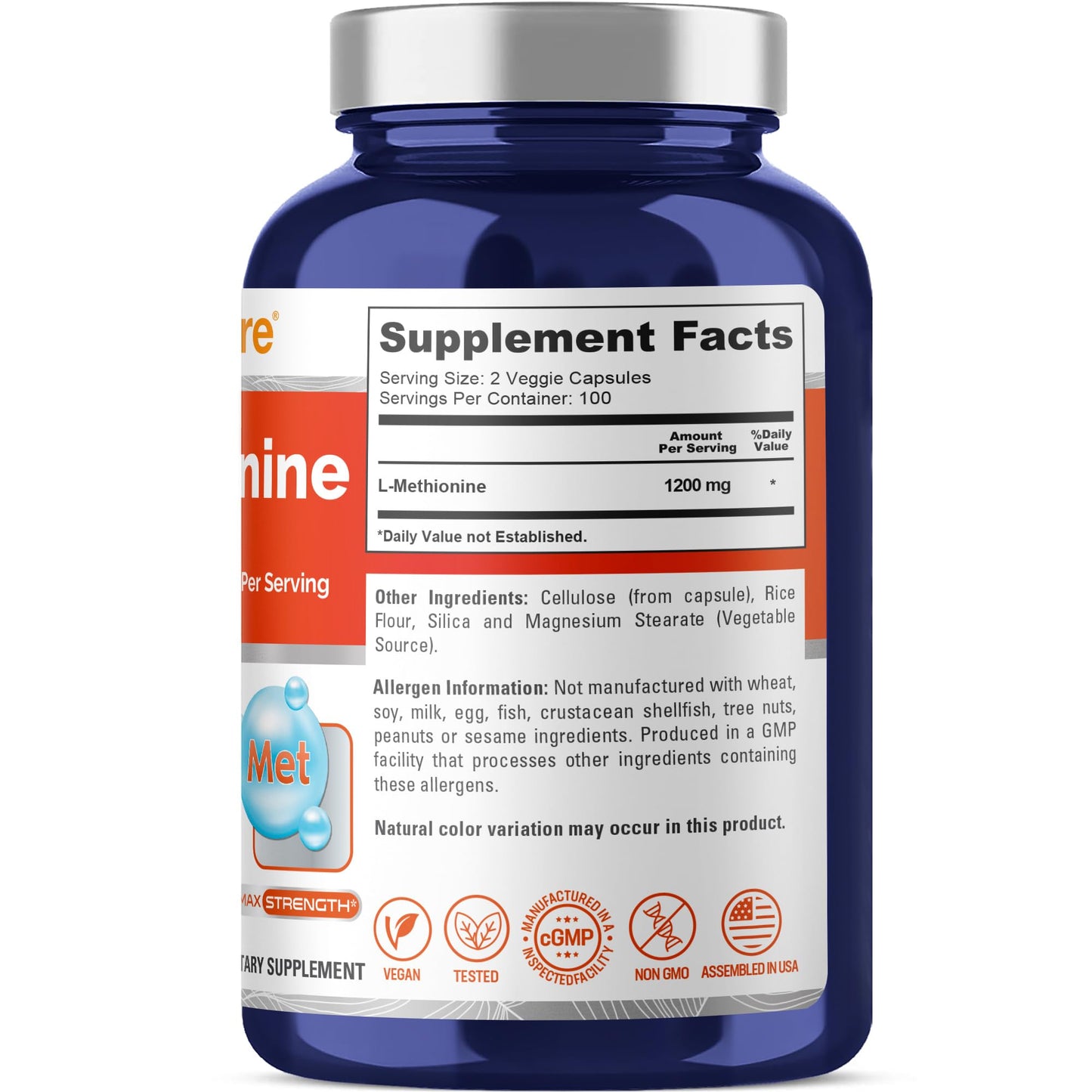 NusaPure L Methionine 1200mg | 200 Capsules | Non-GMO | Vegan Supplement