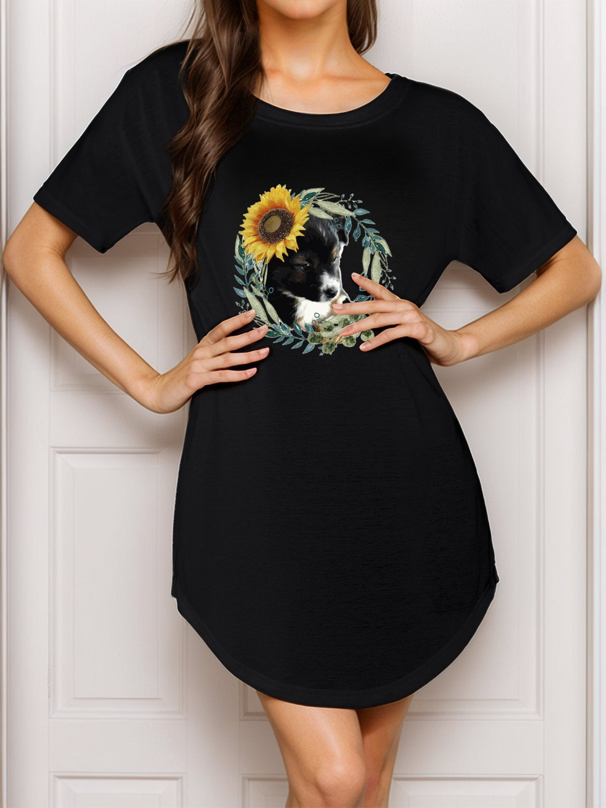 Cute Black Puppy Casual Summer Short T-Shirt Dress (Front Printing)