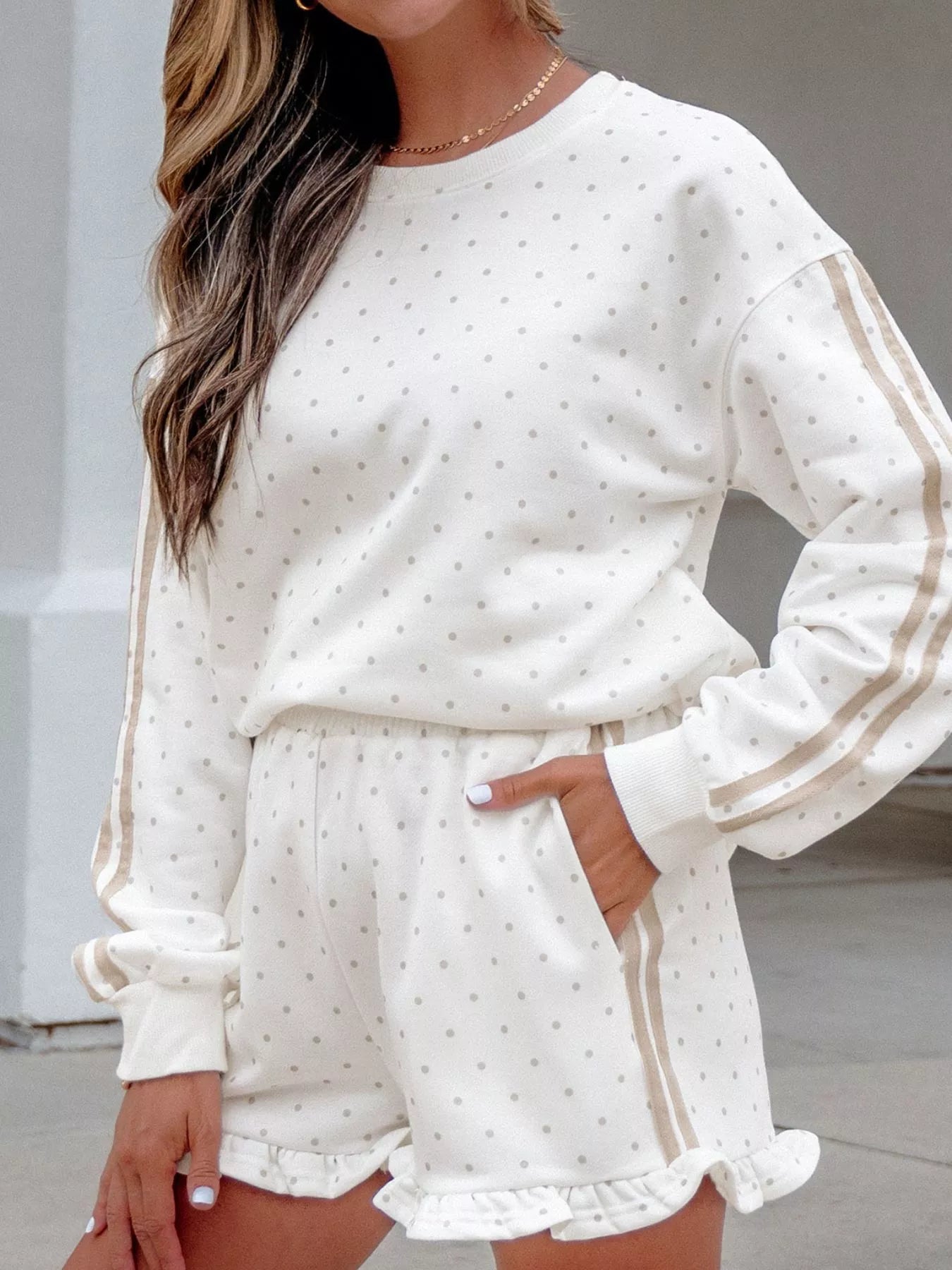 Polka Dot Long Sleeve Sweatshirt and Shorts Set