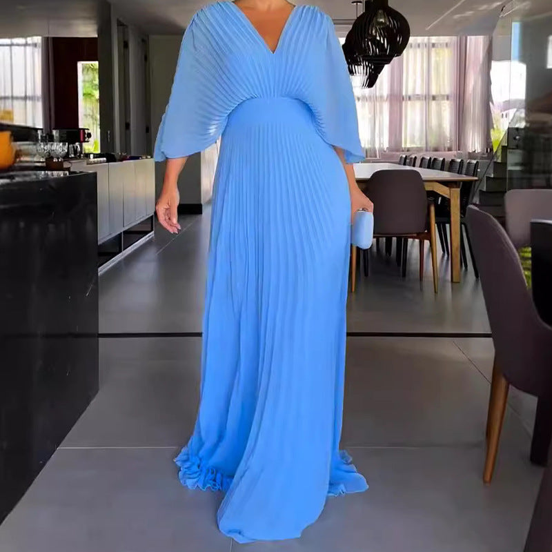 Women's Solid Color And V-neck Bat Sleeve High Waist Dress See size chart under “more details”
