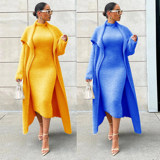 Traje de dos piezas de cárdigan largo de terciopelo y vestido elegante para otoño e invierno