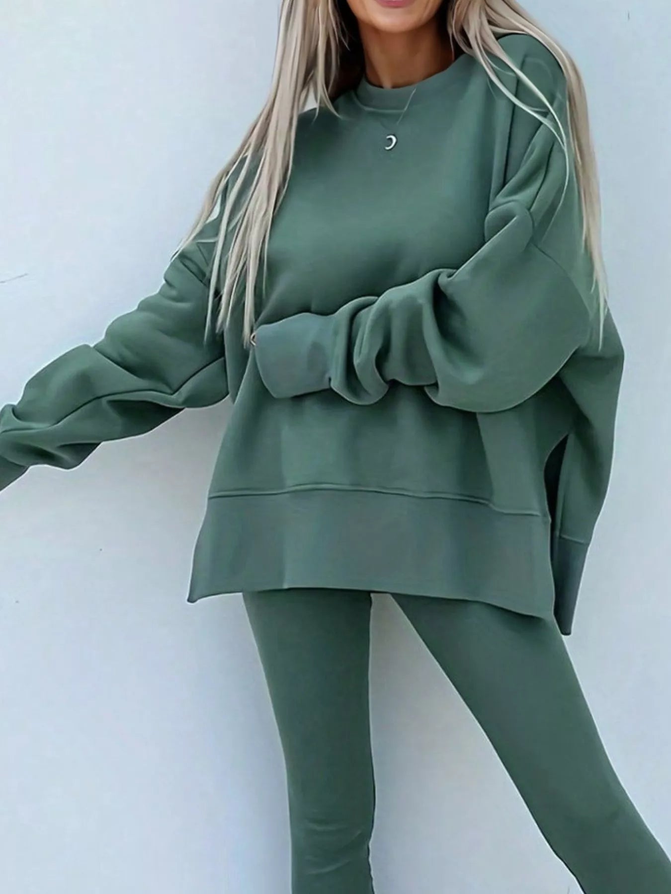Conjunto de Sudadera Extragrande con Abertura y Leggings Acanalados de 2 Piezas