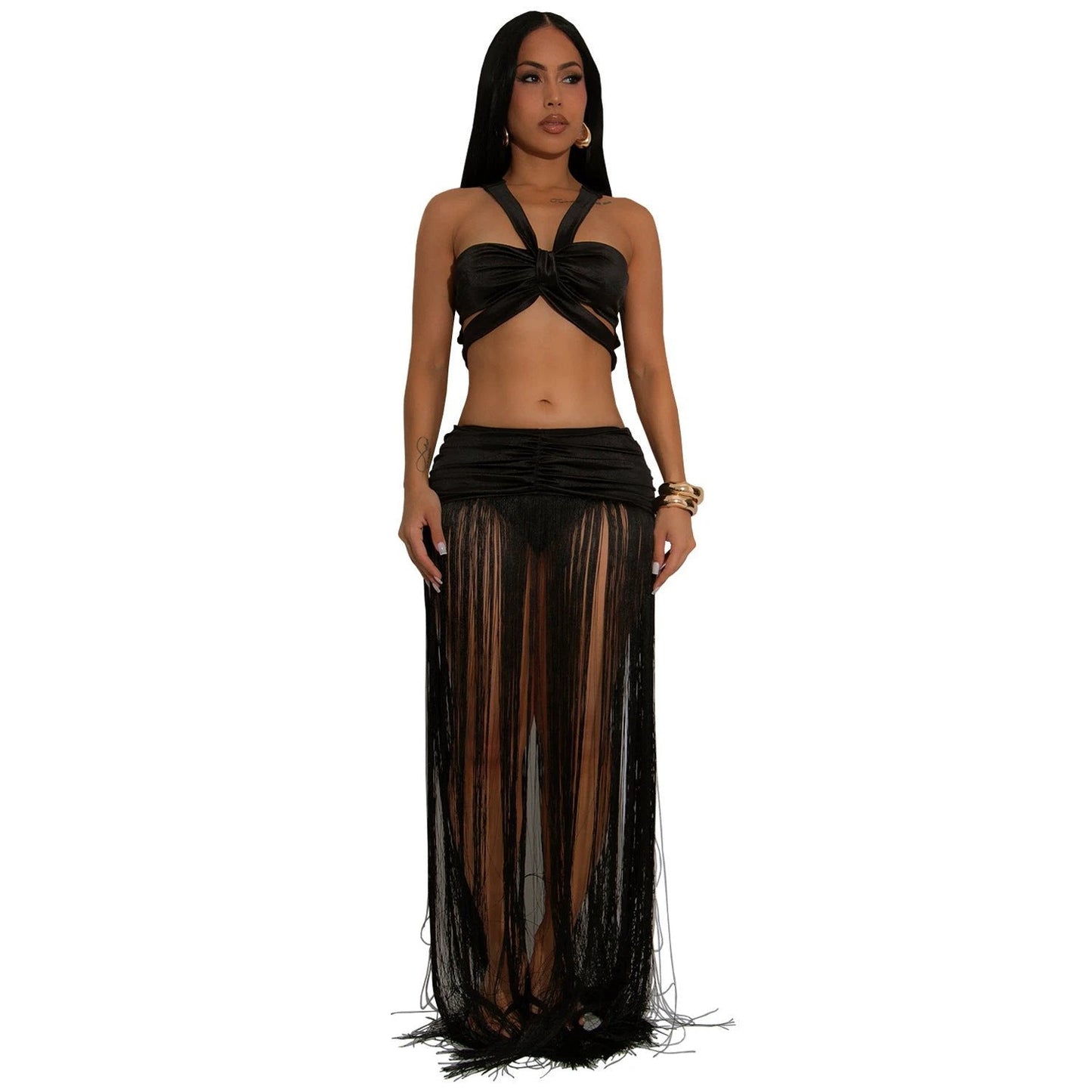 Sexy Shoulder Strap Top Tassel Skirt Two-piece Set