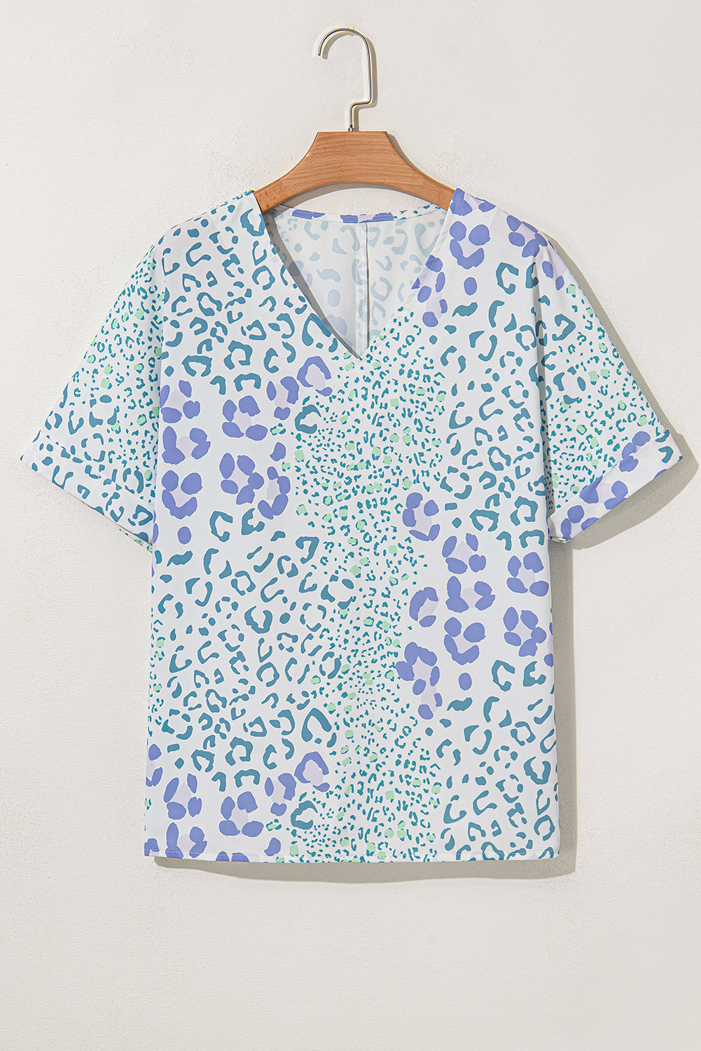 Green Leopard Print V Neck Short Sleeve Blouse