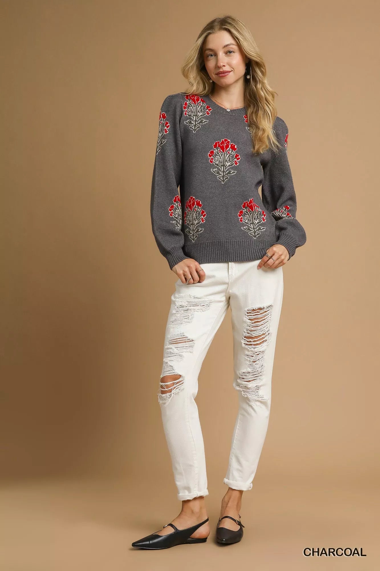 Suéter de jacquard con tallo de flor individual Umgee