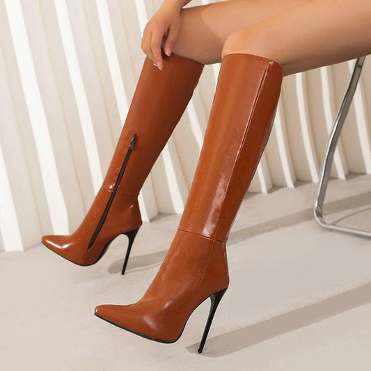 Autumn And Winter New Women Pointed Toe Stiletto Heel Side Zipper Below The Knee Boots