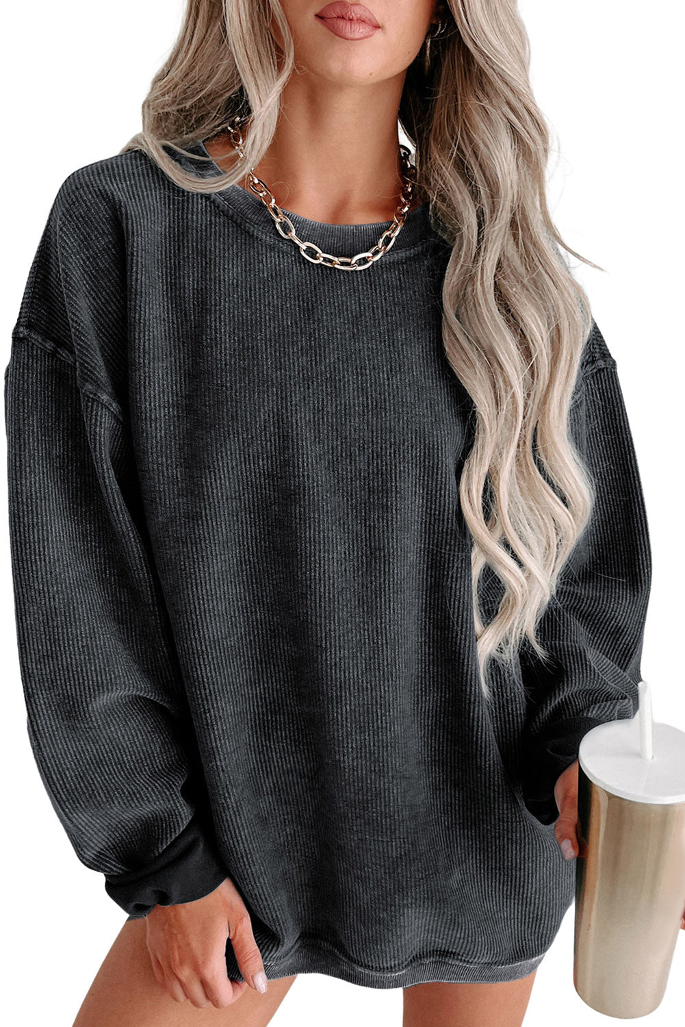 Sudadera Rosa Sólida de Punto Acanalado y Cuello Redondo
