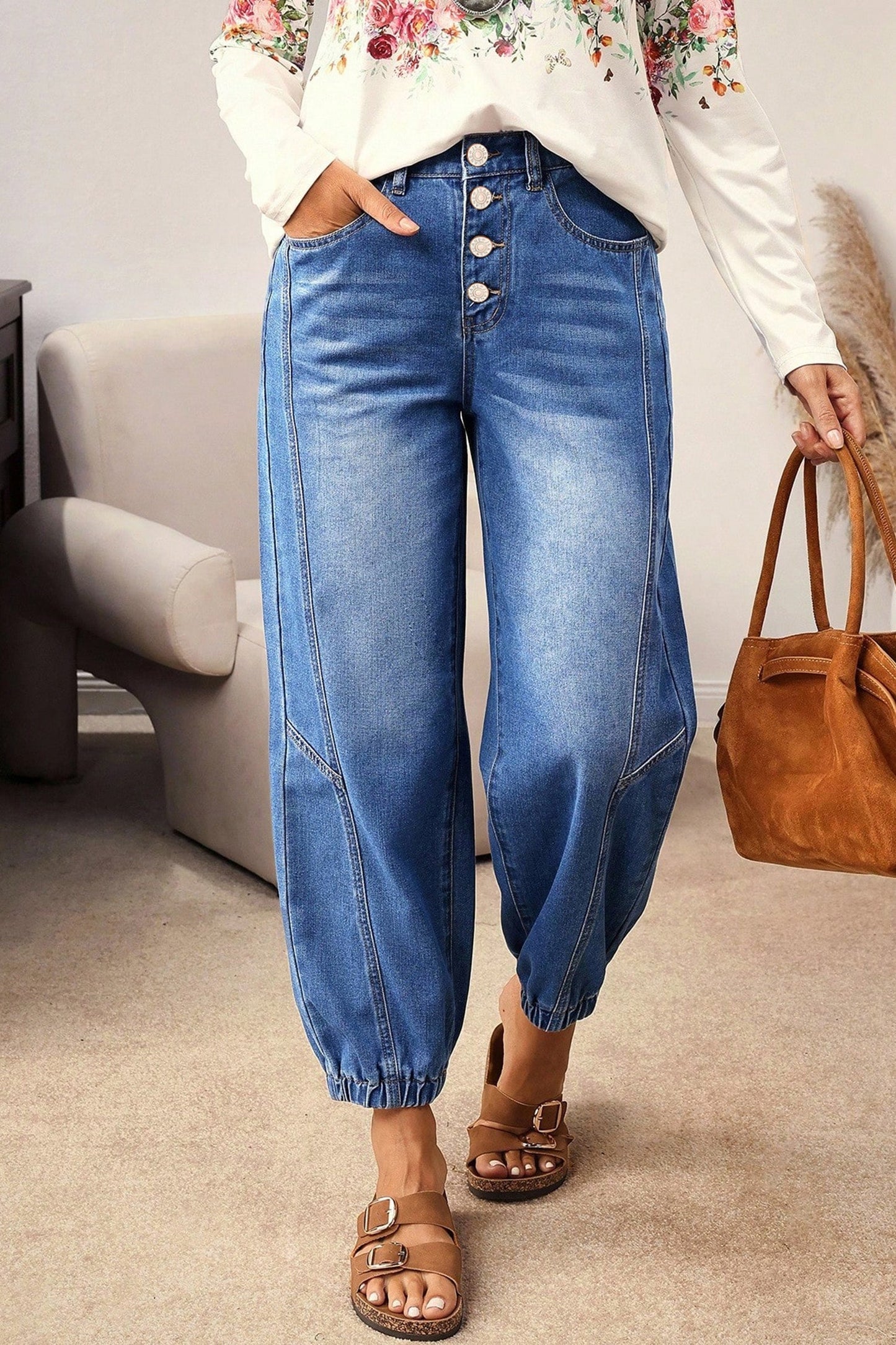 Jeans casuales de corte holgado cónico, azules, de 4 botones frontales