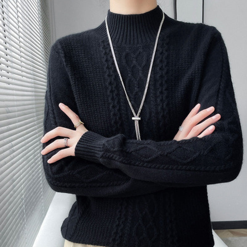 New Fall Winter Women Thick Knit Sweater, Mock Neck Cable Pattern Loose Fit Pullover, Casual Warm Basic Long Sleeve Underwear Top