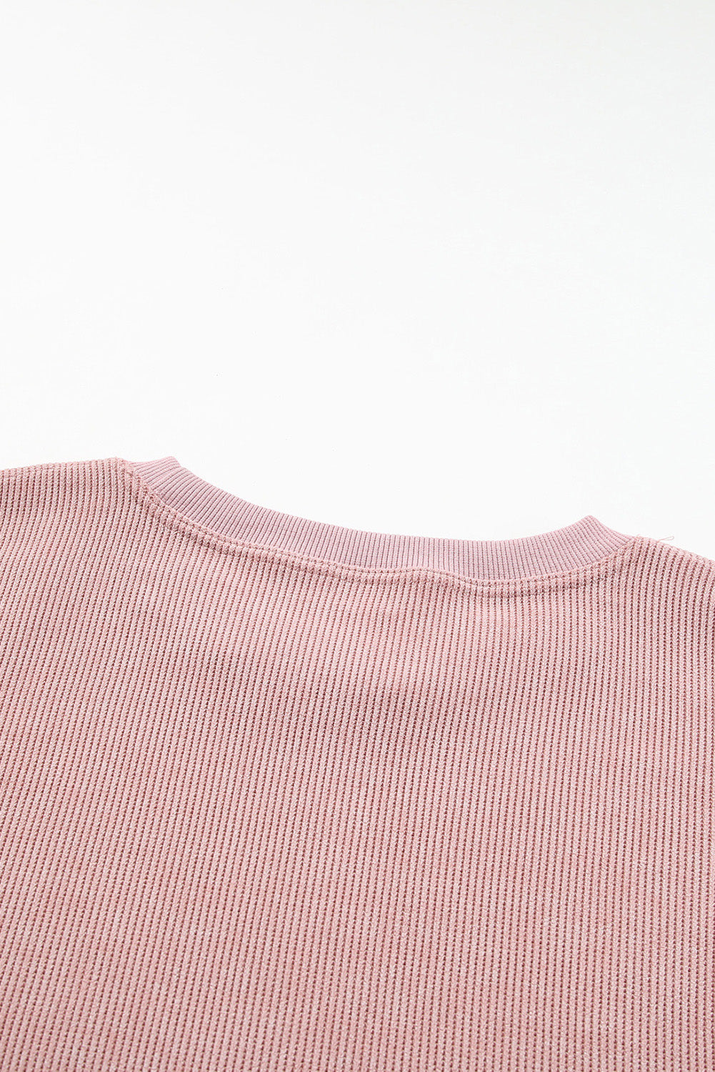 Sudadera Rosa Sólida de Punto Acanalado y Cuello Redondo