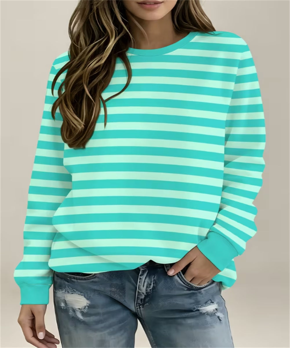 Women's Pink Yellow Horizontal Stripe Print Crew Neck Sweatshirt, Long Sleeve Casual Pullover Top