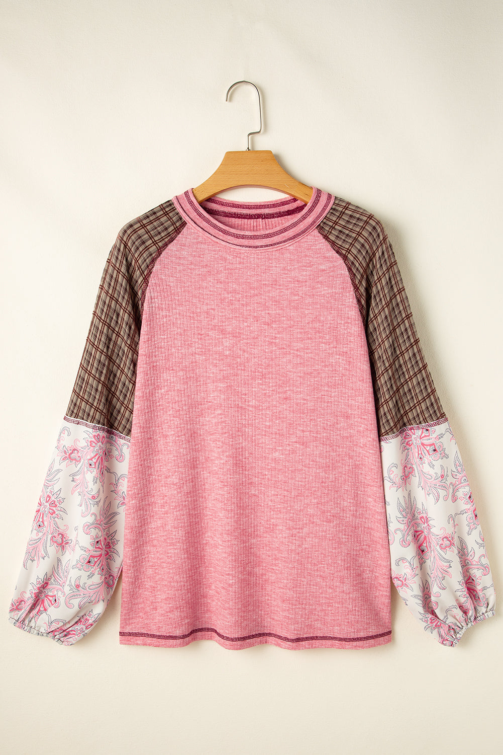 Top de canalé raglán con retazos de estampado mixto a cuadros florales Jet Stream
