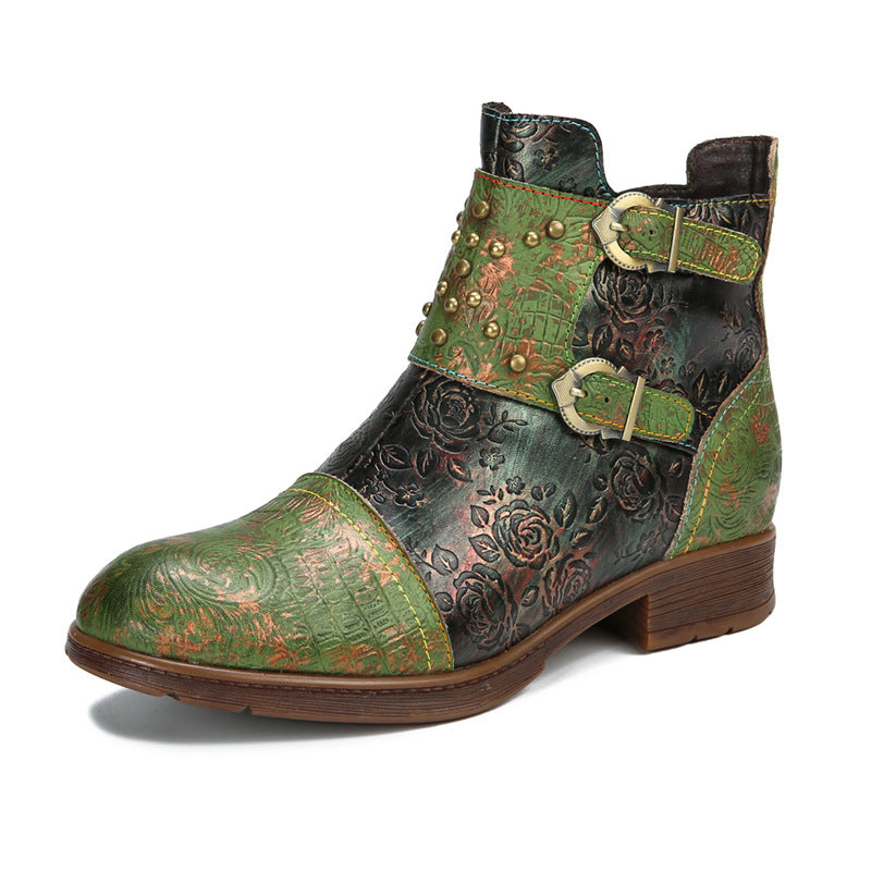Botas de moda para mujer con hebilla de remache retro. Consulta la tabla de tallas en "más detalles".