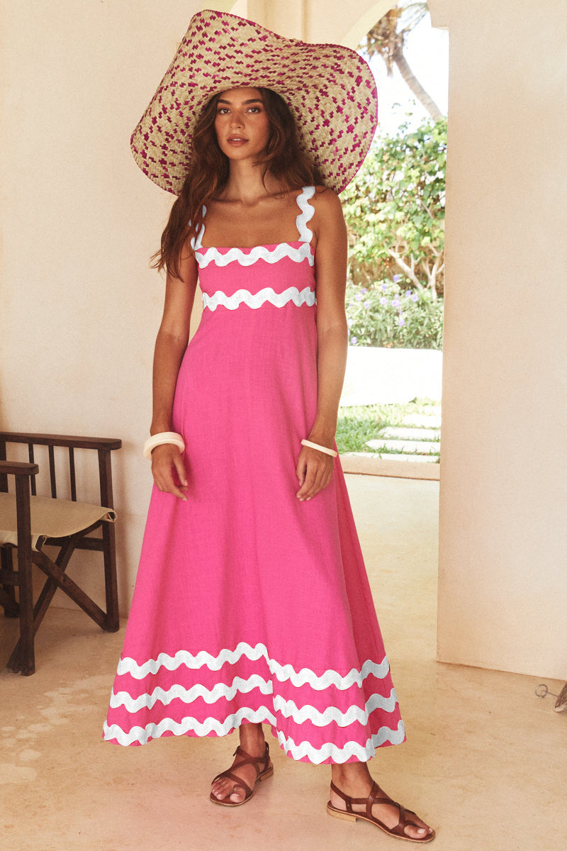 Flowers Print Wavy Pattern Suspender Long Dress For Women Fashion A-Line Beach Dresses Womens Clothing See size chart under “more details”