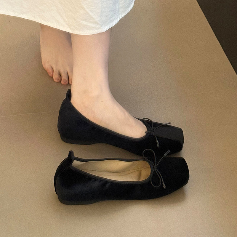 Women Square Toe Soft Leather Bow Decor Ballet Flats, Elegant Shallow Cut Slip-on Casual Shoes