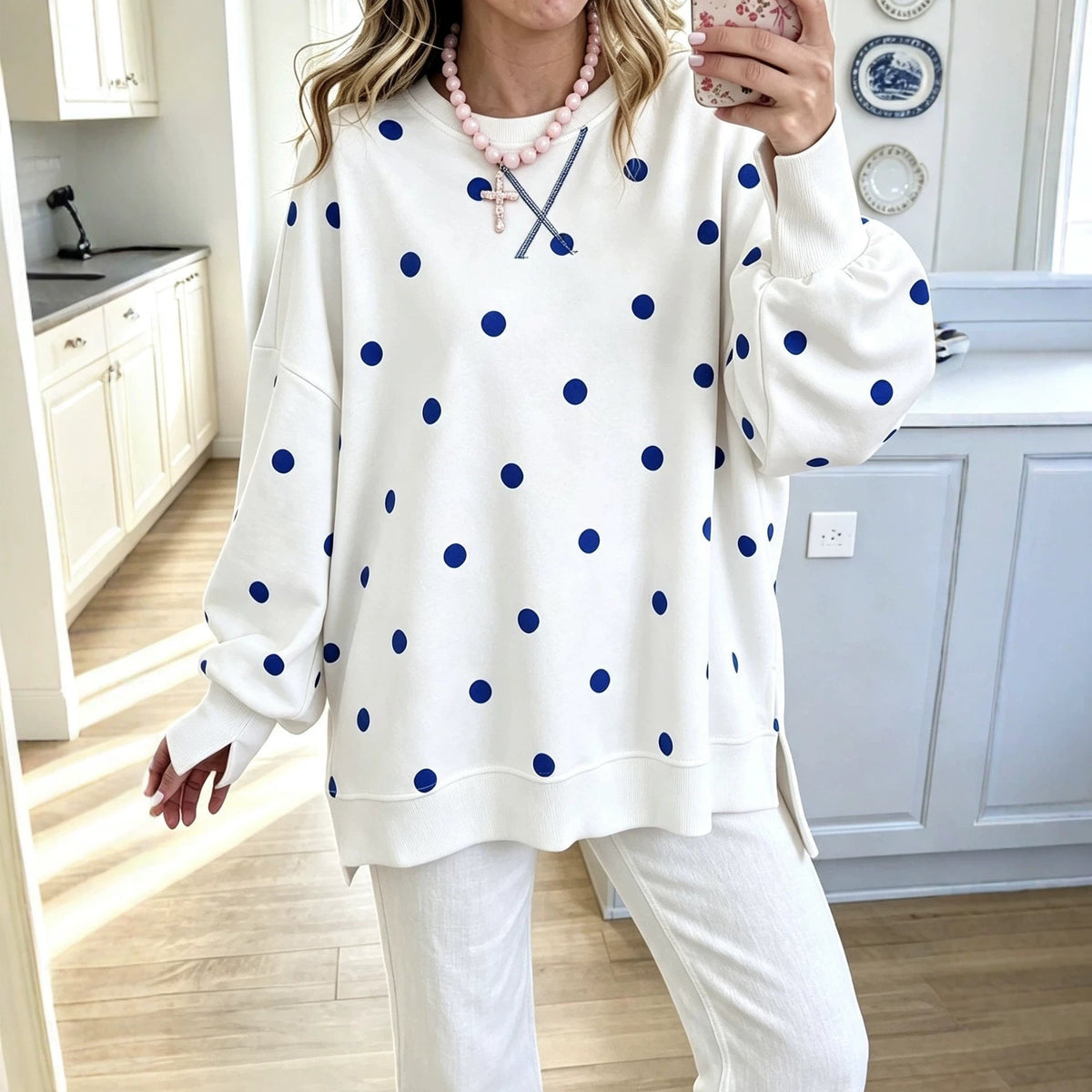Womens Polka-Dot Print Pullover Long-Sleeve Sweatshirt