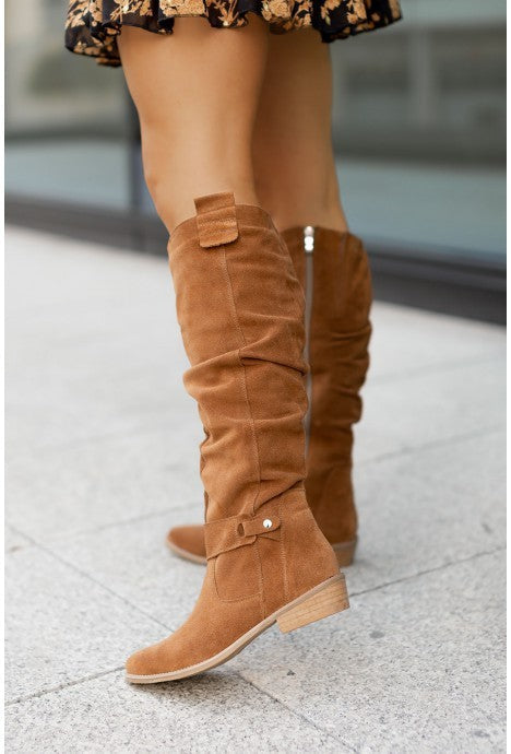 Women's Low-Heel Side Zipper Suede High Boots