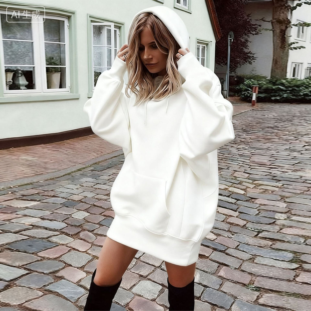Women's Solid Color Pullover Hooded Loose Fleece Sweater