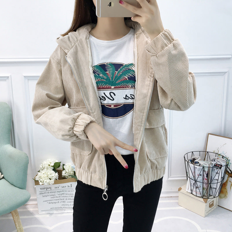New Korean-style Hooded Corduroy Jacket, Short & Thick