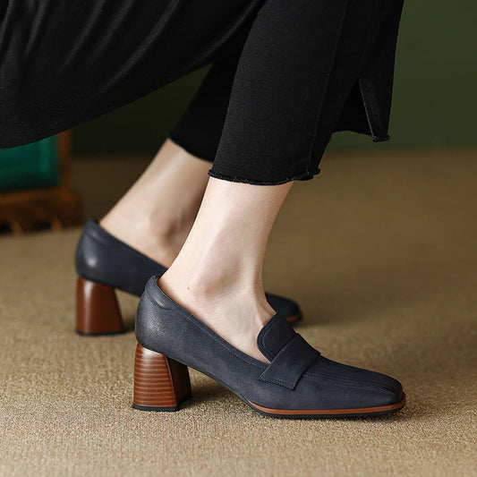 Women's Sheepskin Square Toe Chunky Heel Pumps – Retro High Heel Dress Shoes