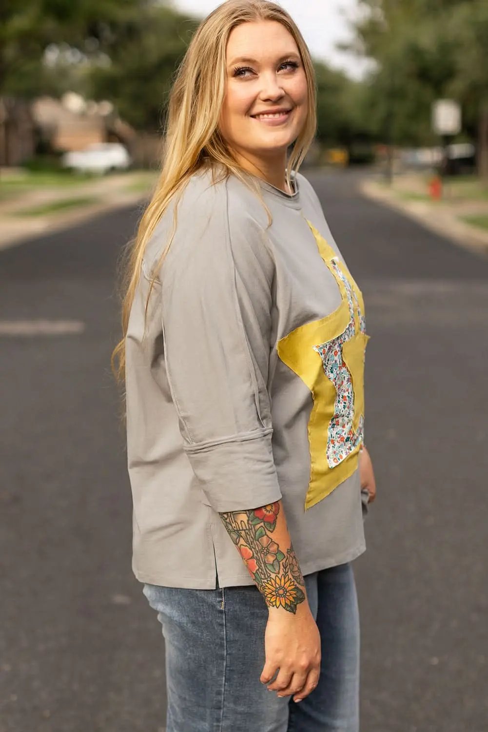 Accessories Love Salve Grey Floral Star Plus Size Women's Top: Western Style, Fall Fashion