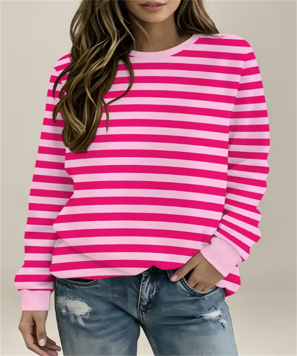 Women's Pink Yellow Horizontal Stripe Print Crew Neck Sweatshirt, Long Sleeve Casual Pullover Top