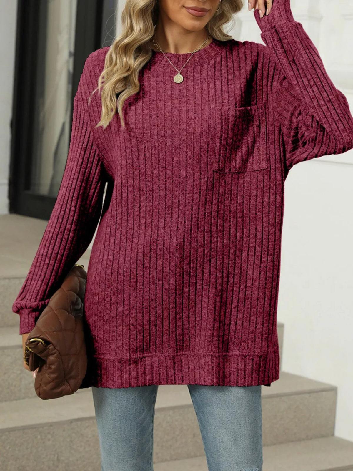 Ribbed Knit Round Neck Sweater