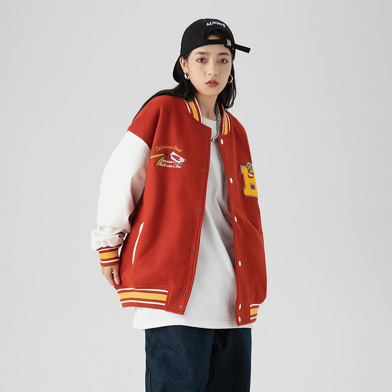 Couple Loose Casual Baseball Uniform French Fries Embroidered Jacket