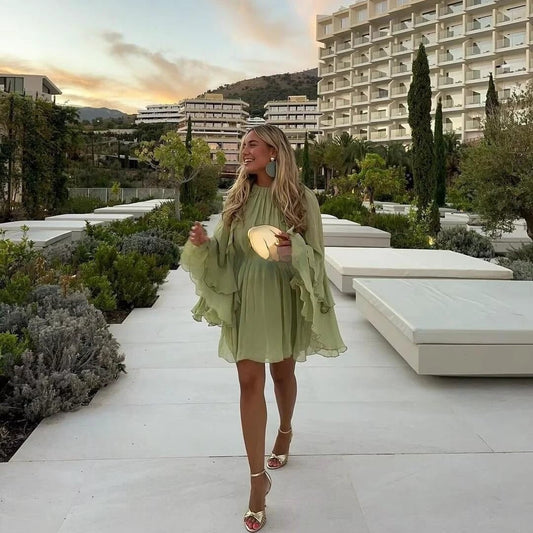 Vestido con volantes laminado de gasa suave para mujer