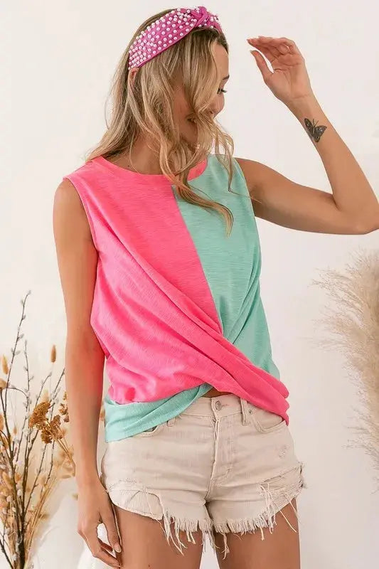 Women's Tank Top - Slub Terry Color Block Twisted - Casual