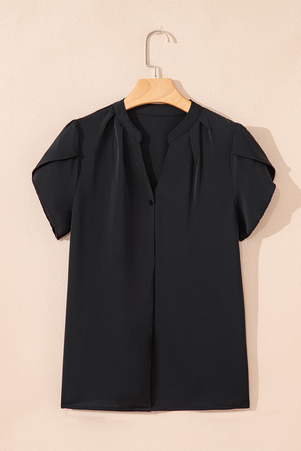 Rose Red Silky Notched Neckline Petal Sleeve Blouse