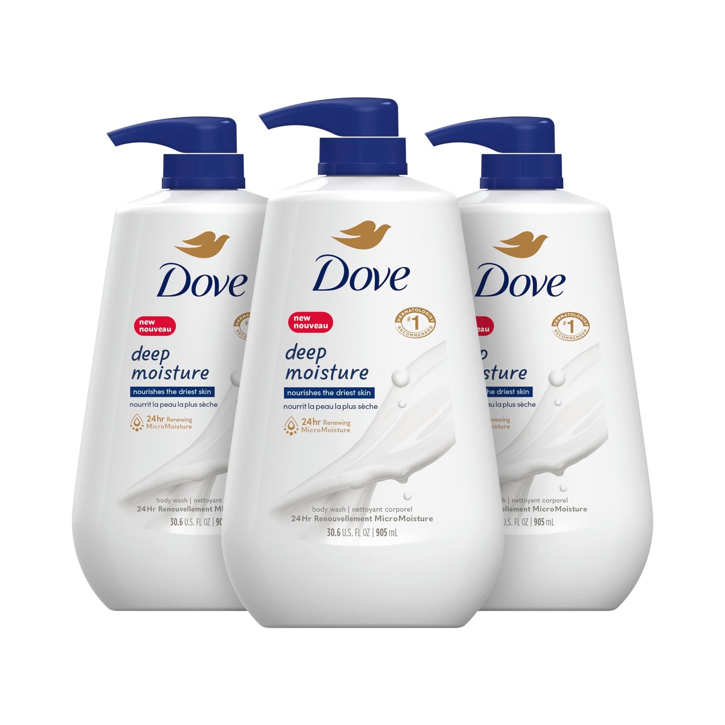 Dove Deep Moisture Body Wash 30.6 Fl Oz Pack of 3 with Pump Luxurious Hydration for Dry Skin Cleanser with 24hr Renewing MicroMoisture