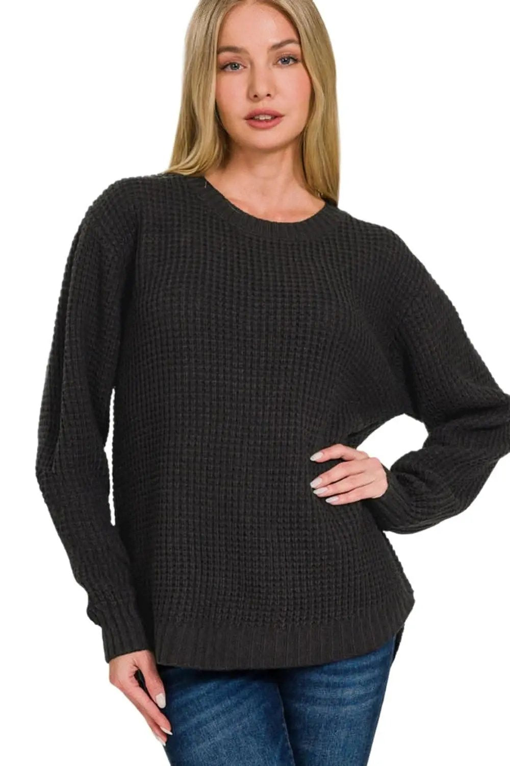 Trendsi Waffle Knit Sweater High Low — Casual Comfort