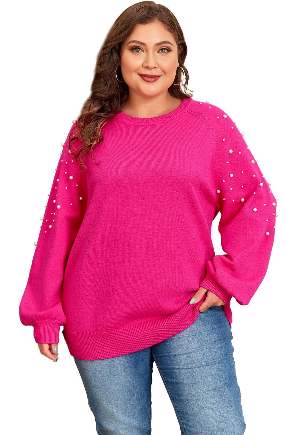 Sweaters Love Salve Strawberry Pink Plus Size Women's Sweater: Casual, Pearled Decor