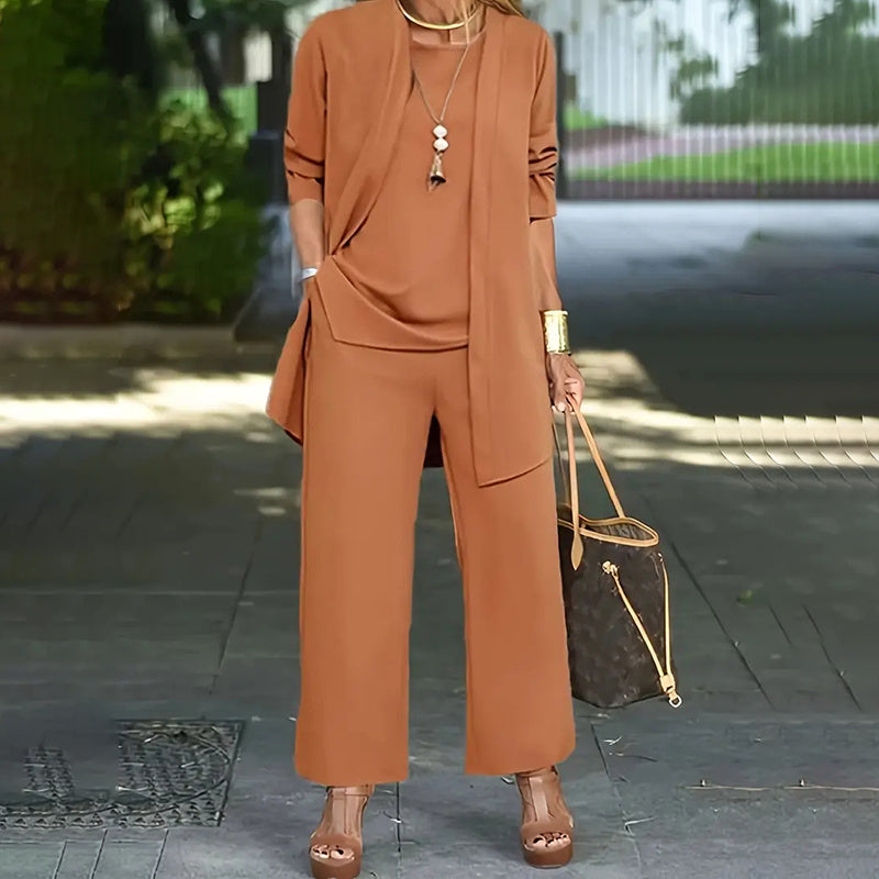 Conjunto informal de 3 piezas de talla grande para mujer, cárdigan abierto, chaleco sin mangas, pantalones, conjunto de salón de color liso