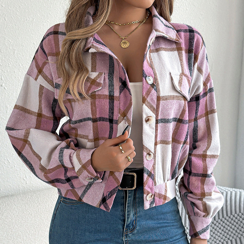 Shacket a cuadros – Chaqueta de camisa de manga larga con botones para mujer
