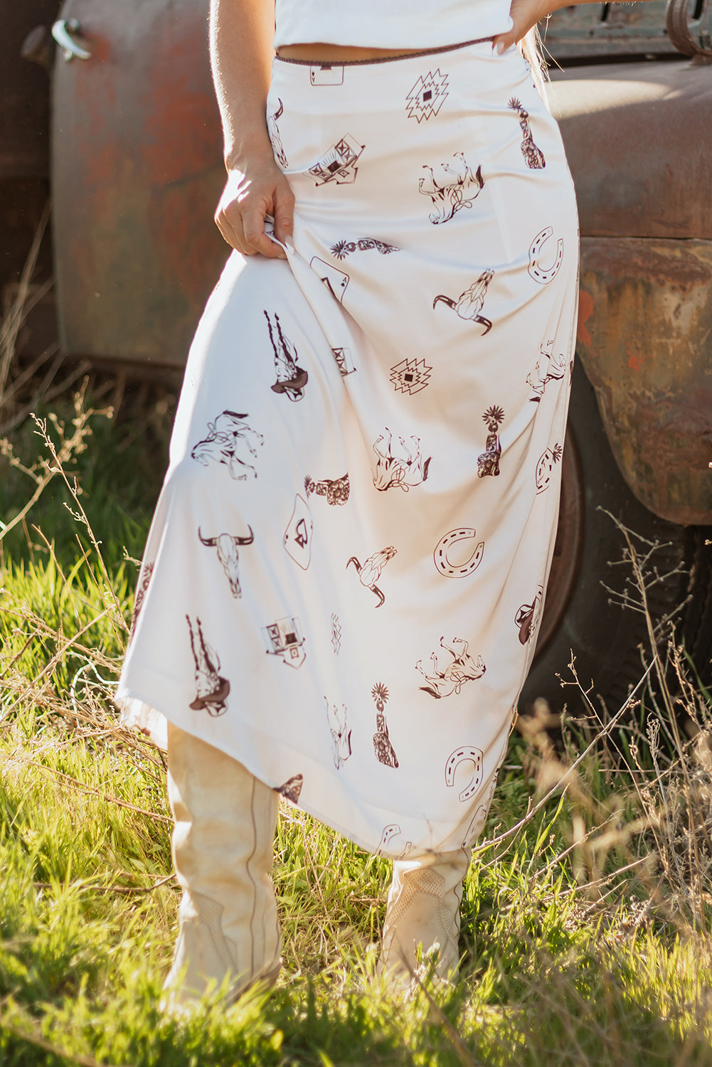 White Western Print Satin Long Skirt