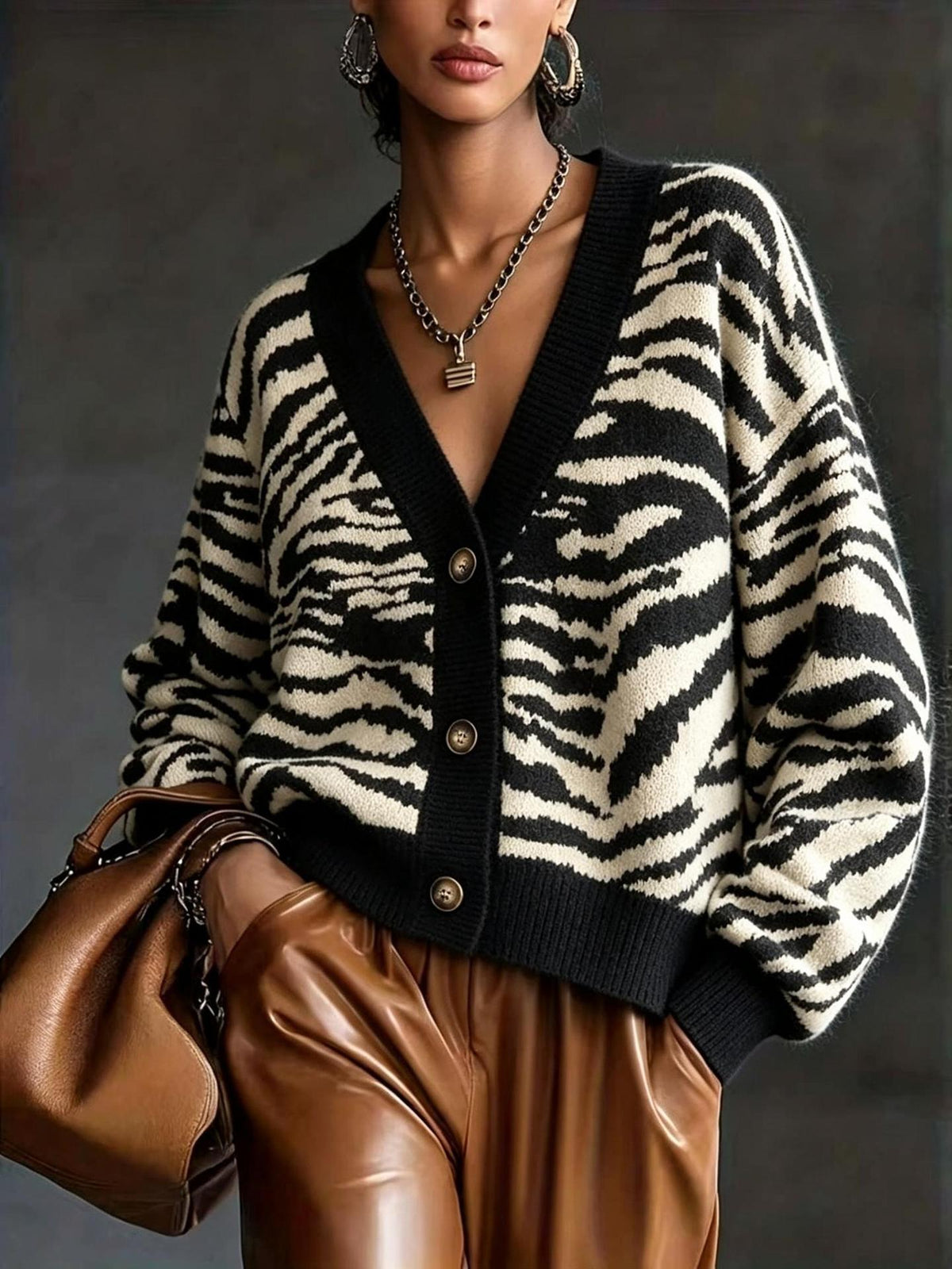 Women's Zebra Striped Knit Cardigan, 2026 Fall Winter Loose Long Sleeve Button Down Sweater, Casual Lazy Style Knit Outerwear